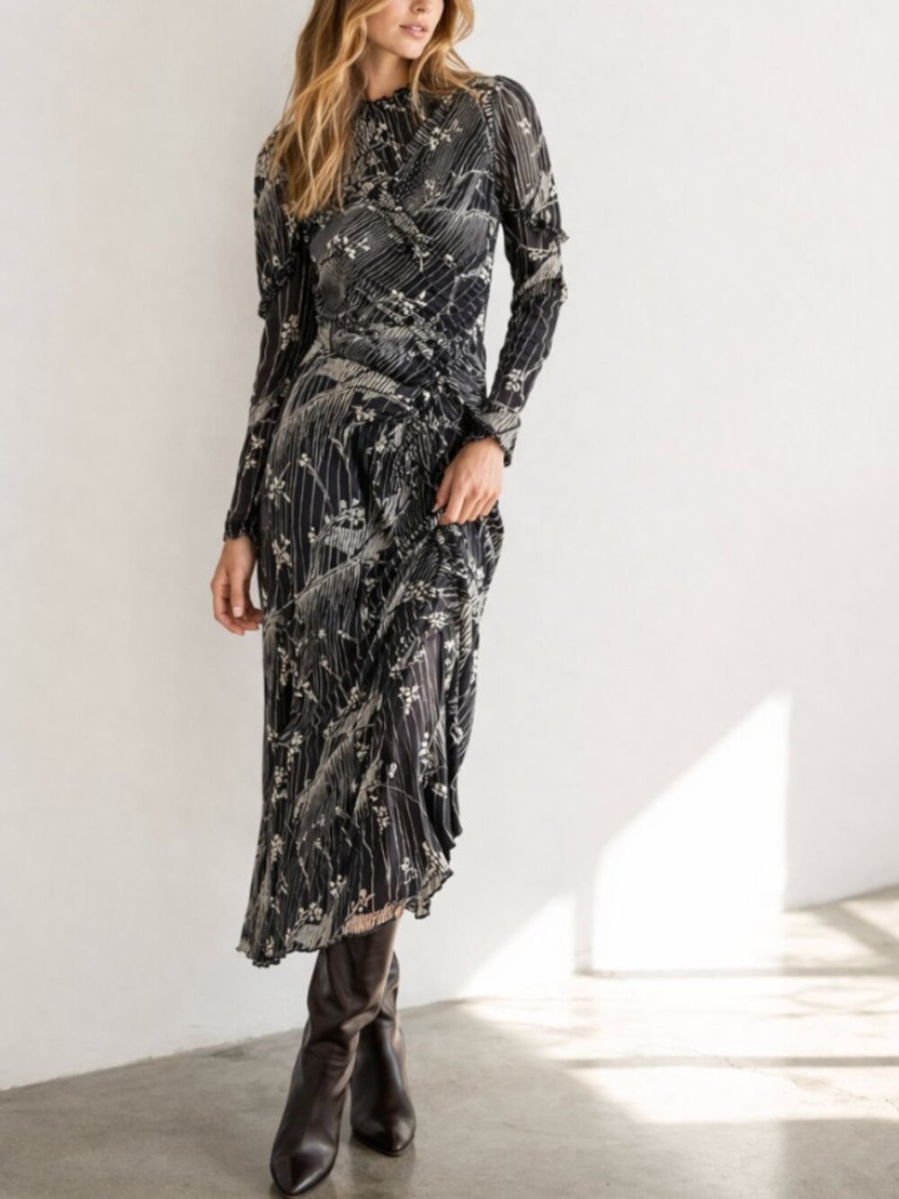Sea New York Sunniva Floral Jersey Midi Dress Long Sleeve Ruffle Trim
